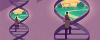A man carrying a child climbs a DNA-shaped staircase towards a park scene.